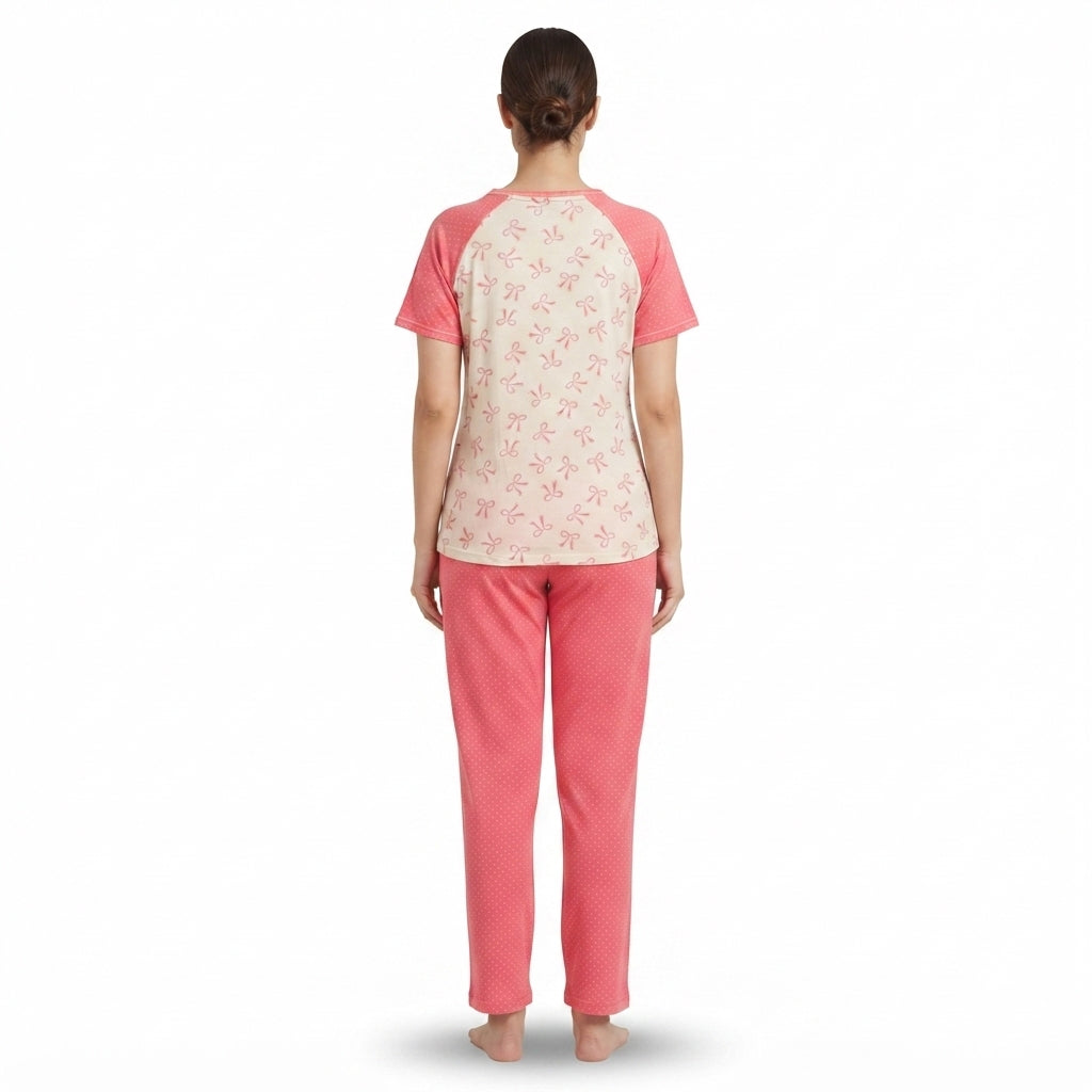 JOANNA F246674BT Women's 2-Piece Short Sleeve Raglan Bow Print Pajama Set