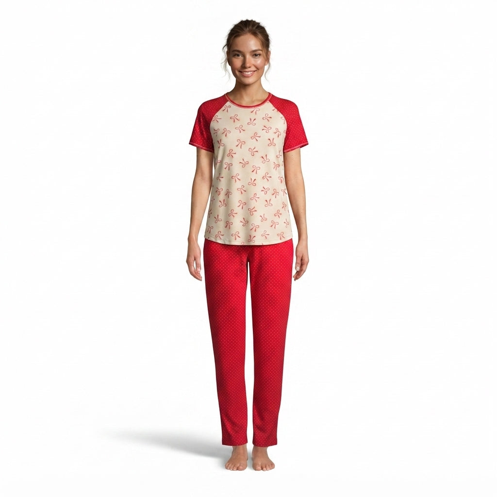 JOANNA F246674BT Women's 2-Piece Short Sleeve Raglan Bow Print Pajama Set