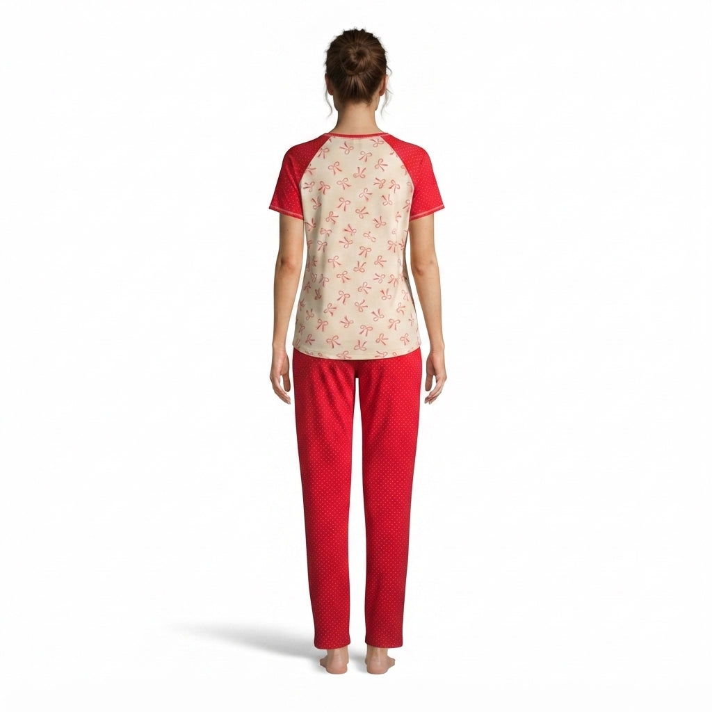 JOANNA F246674BT Women's 2-Piece Short Sleeve Raglan Bow Print Pajama Set