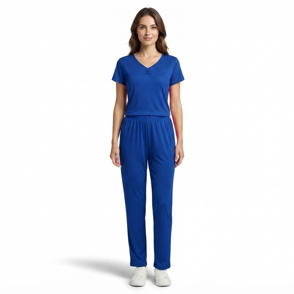 JOANNA F281406BT Women's 2-Piece Short Sleeve V-Neck Ribbed Pajama Set