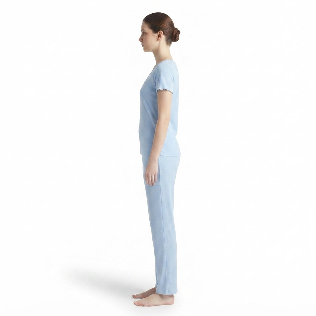 JOANNA F281406BT Women's 2-Piece Short Sleeve V-Neck Ribbed Pajama Set