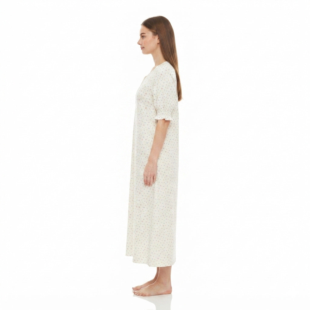 JOANNA F746665 Women's Printed Short Sleeve V-Neck Nightgown with Elastic Cuffs