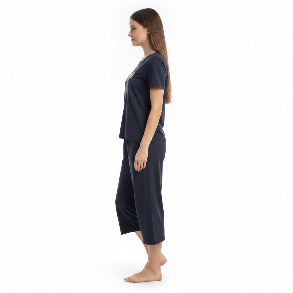 JOANNA 281917-1T 2-Piece Pajama Set Short Sleeve Heart Print Top and Capri Pants Soft Sleepwear
