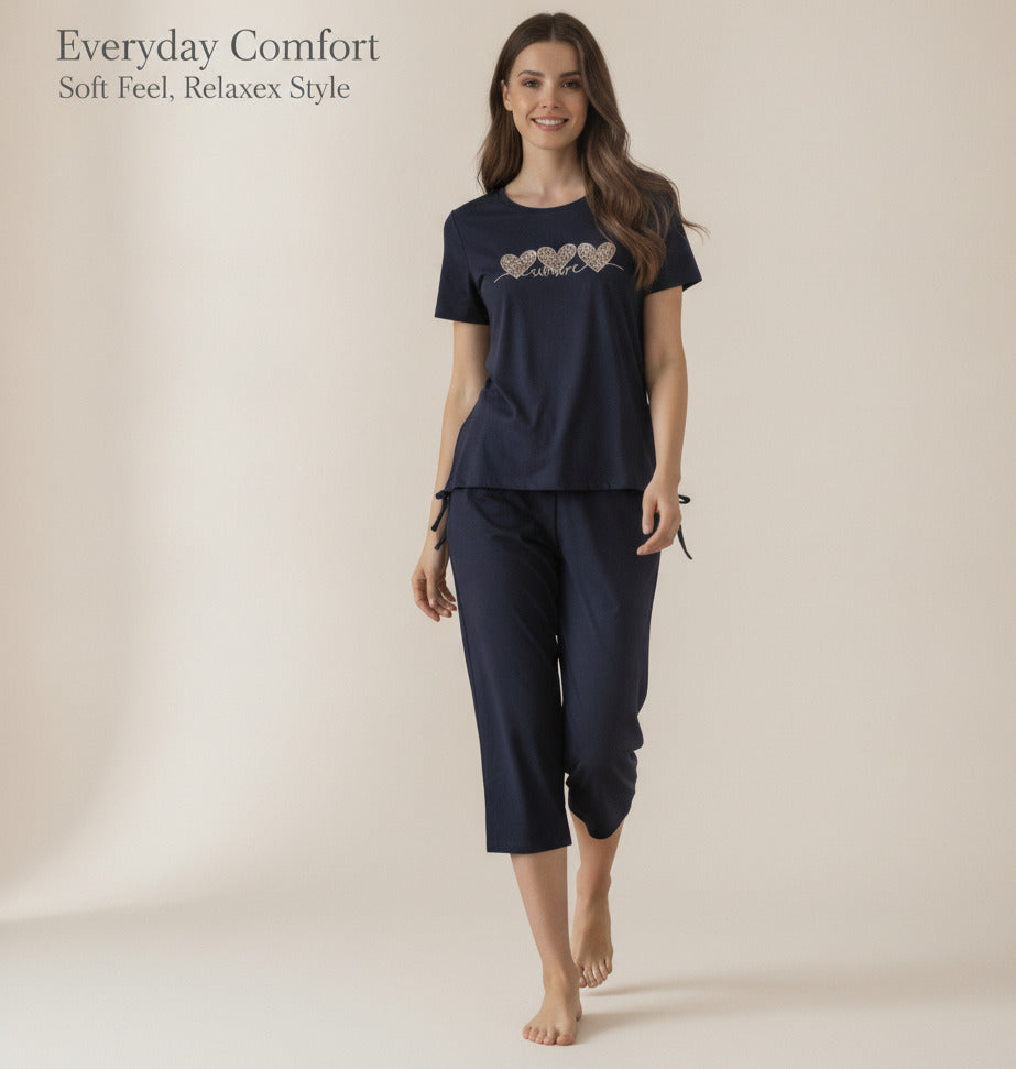 JOANNA 281917-1T 2-Piece Pajama Set Short Sleeve Heart Print Top and Capri Pants Soft Sleepwear