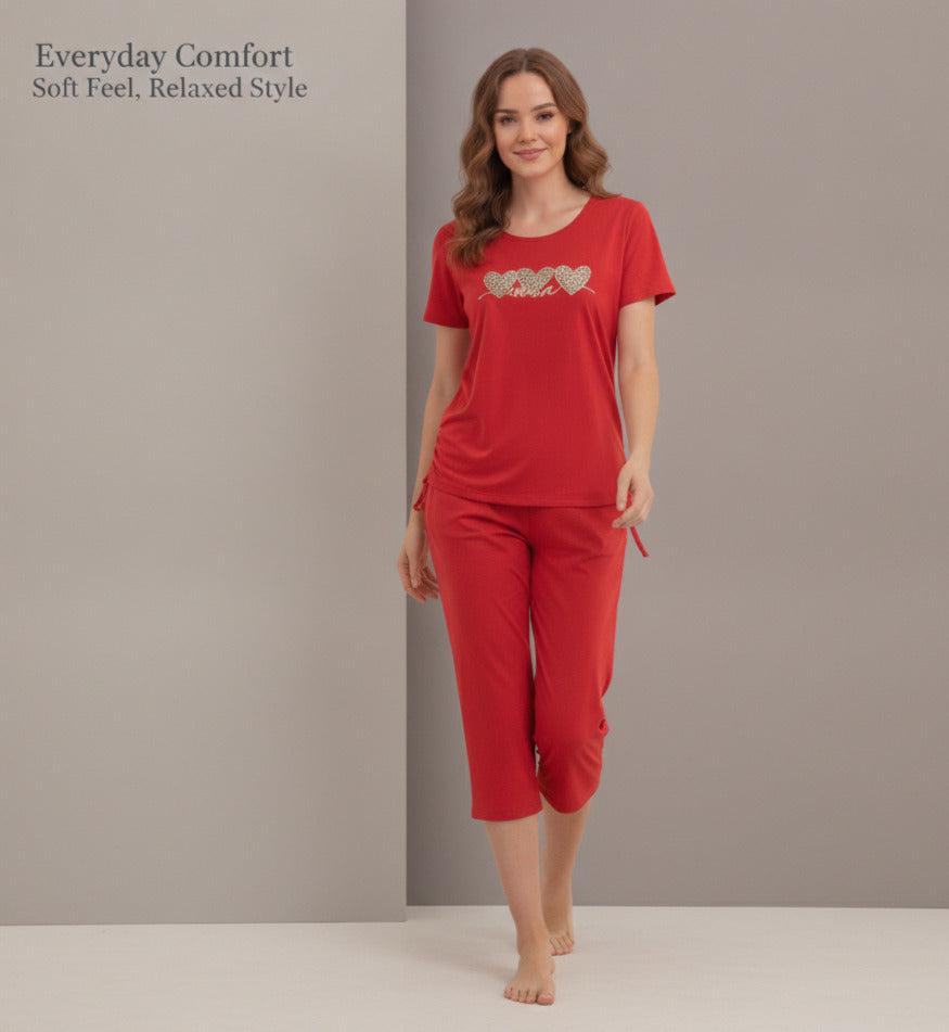 JOANNA 281917-1T 2-Piece Pajama Set Short Sleeve Heart Print Top and Capri Pants Soft Sleepwear