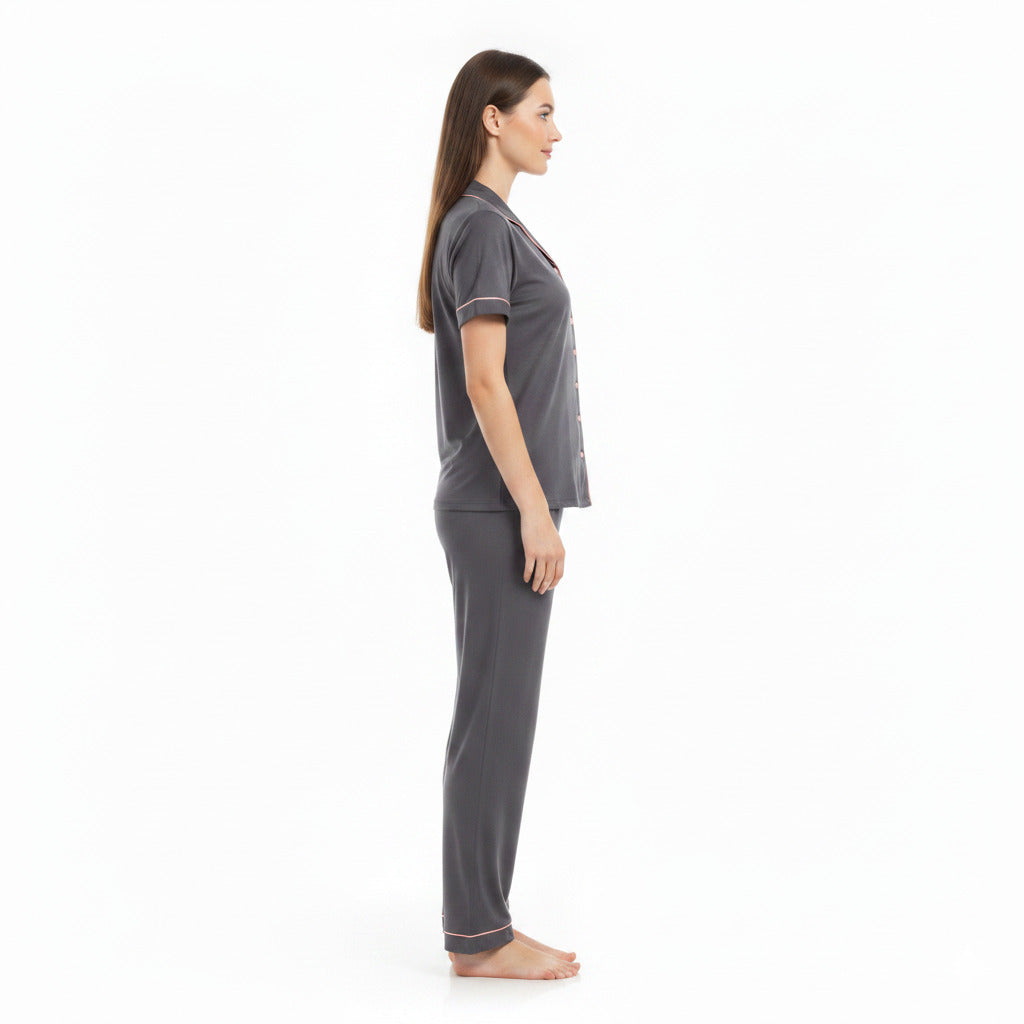 JOANNA F281404BT Women's 2-Piece Short Sleeve Pajama Set with Contrast Piping