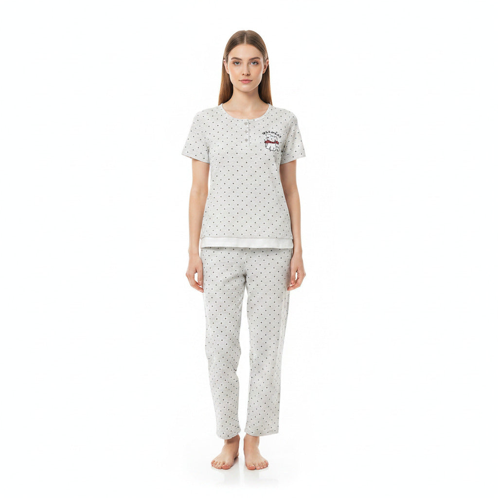 JOANNA F246666BT Women's 2-Piece Short Sleeve Polka Dot Henley Pajama Set