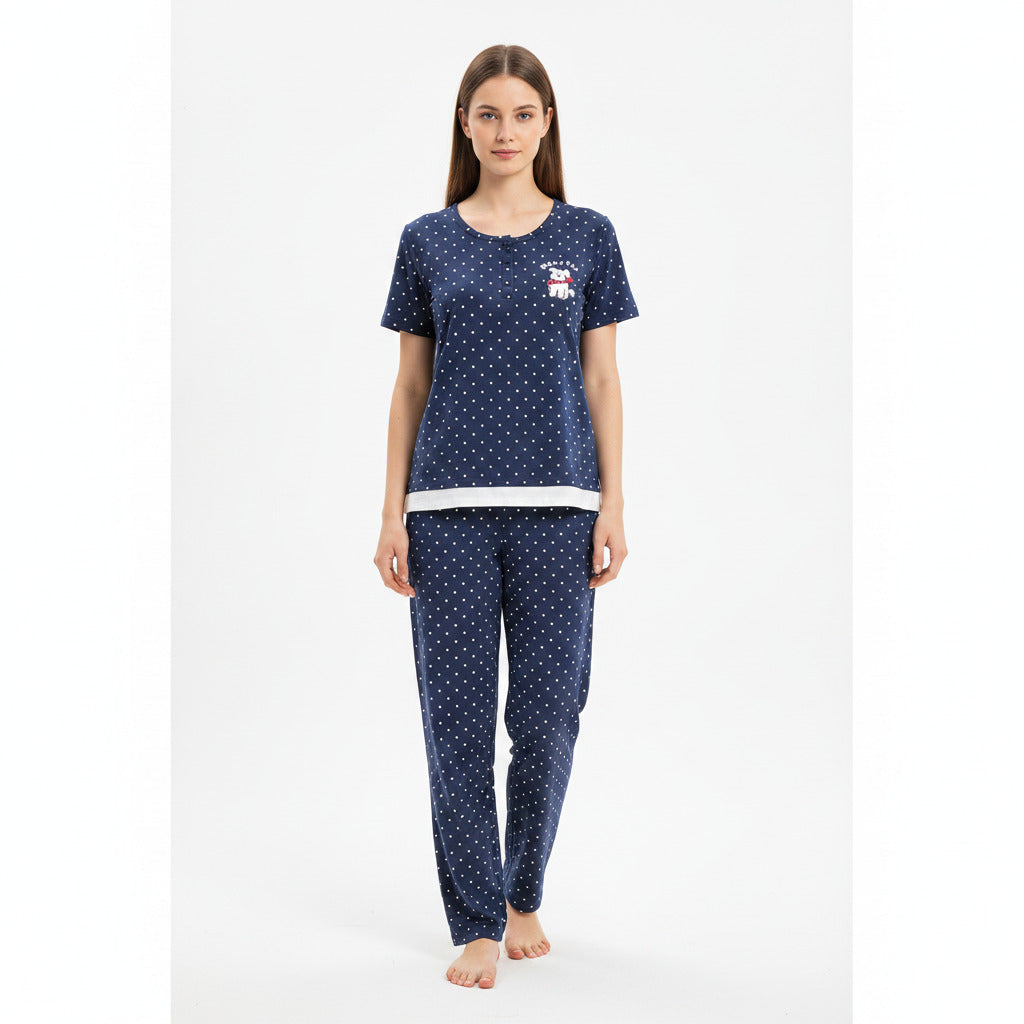 JOANNA F246666BT Women's 2-Piece Short Sleeve Polka Dot Henley Pajama Set