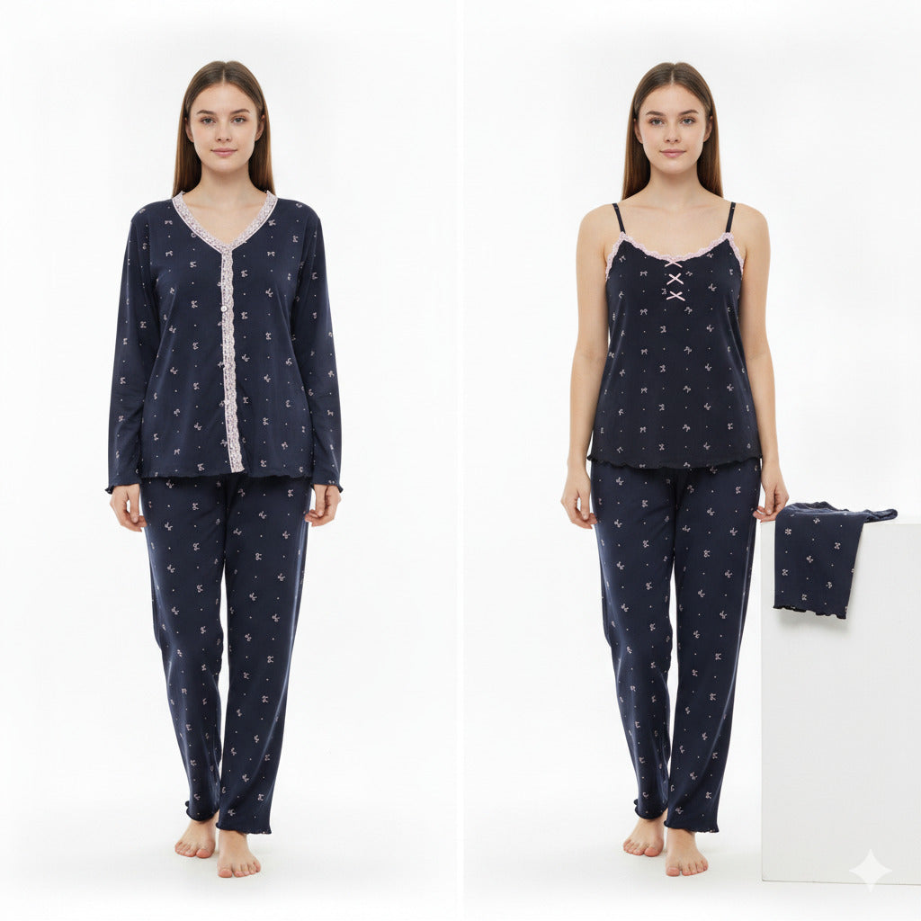 JOANNA 216743BT Women's 3-Piece Pyjama Set Soft Breathable Loungewear Long Sleeve Top, Cami and Pants Cotton Blend Sleepwear