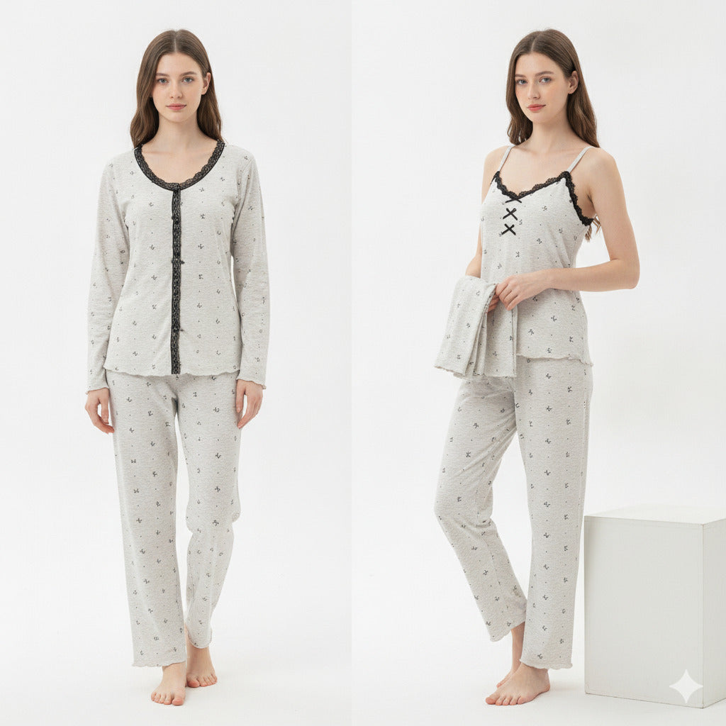 JOANNA 216743BT Women's 3-Piece Pyjama Set Soft Breathable Loungewear Long Sleeve Top, Cami and Pants Cotton Blend Sleepwear