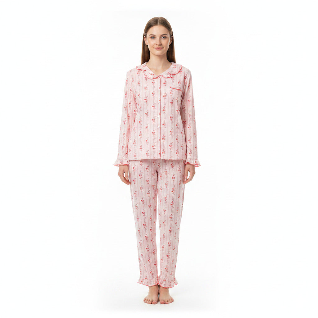 JOANNA 291363 Women's 2-Piece Long Sleeve Frill Trim Pajama Set