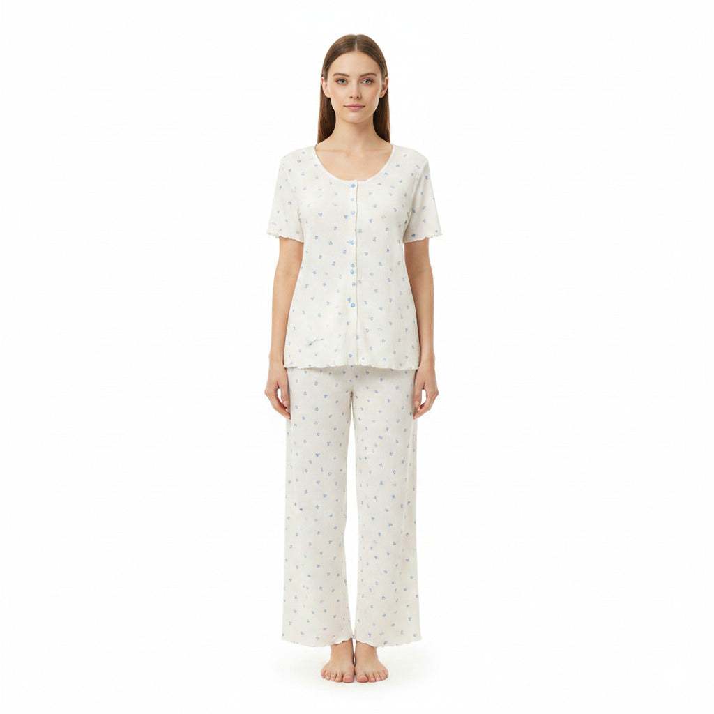 JOANNA 281881BT 2-Piece Pajama Set Short Sleeve Button-Front Top and Pants Soft Printed Sleepwear for Women