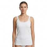 A woman modeling a white ribbed knit camisole tank top with delicate lace trim along the scoop neckline, set against a plain white background.