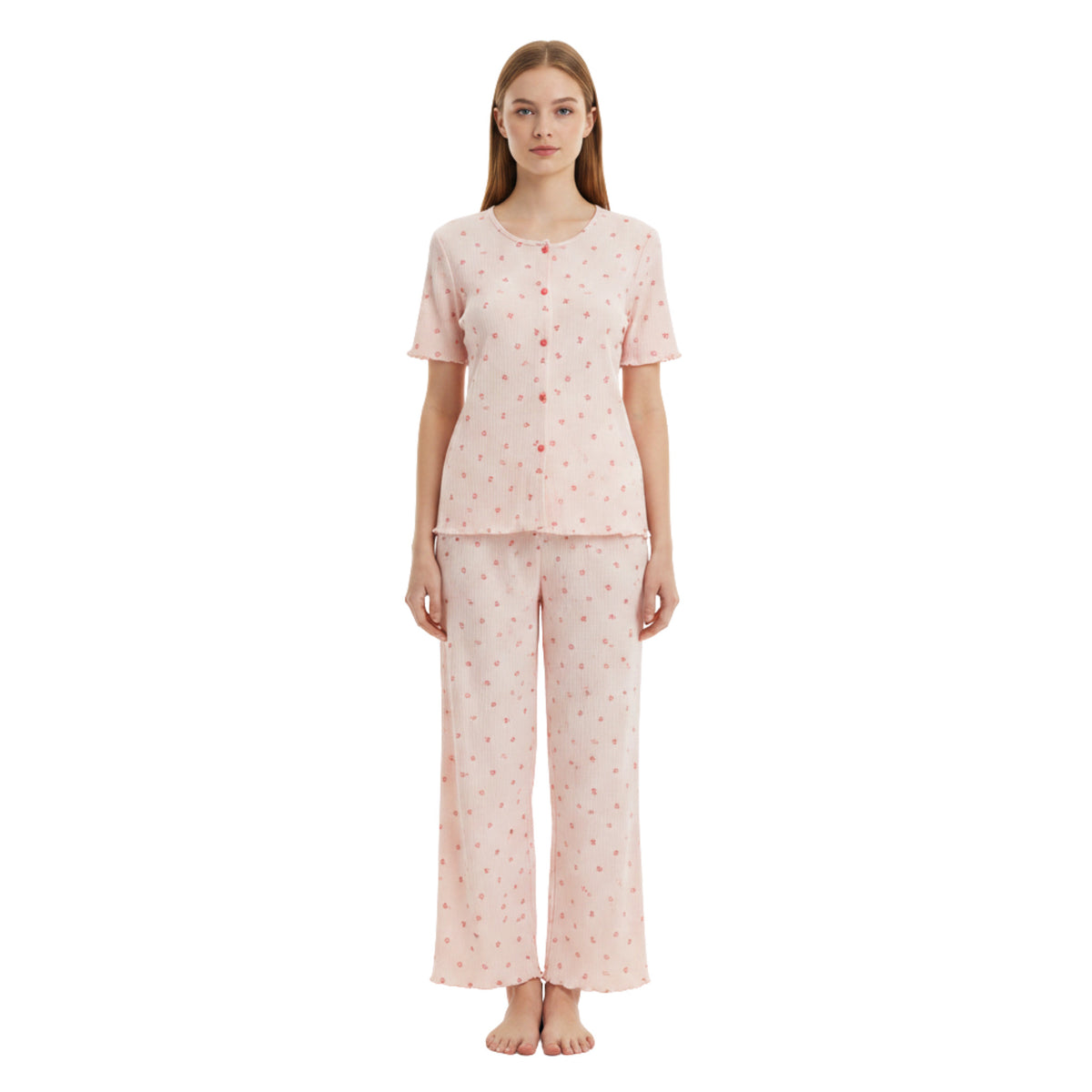 JOANNA 281881BT 2-Piece Pajama Set Short Sleeve Button-Front Top and Pants Soft Printed Sleepwear for Women