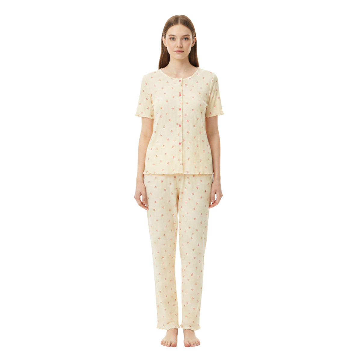 JOANNA 281881BT 2-Piece Pajama Set Short Sleeve Button-Front Top and Pants Soft Printed Sleepwear for Women