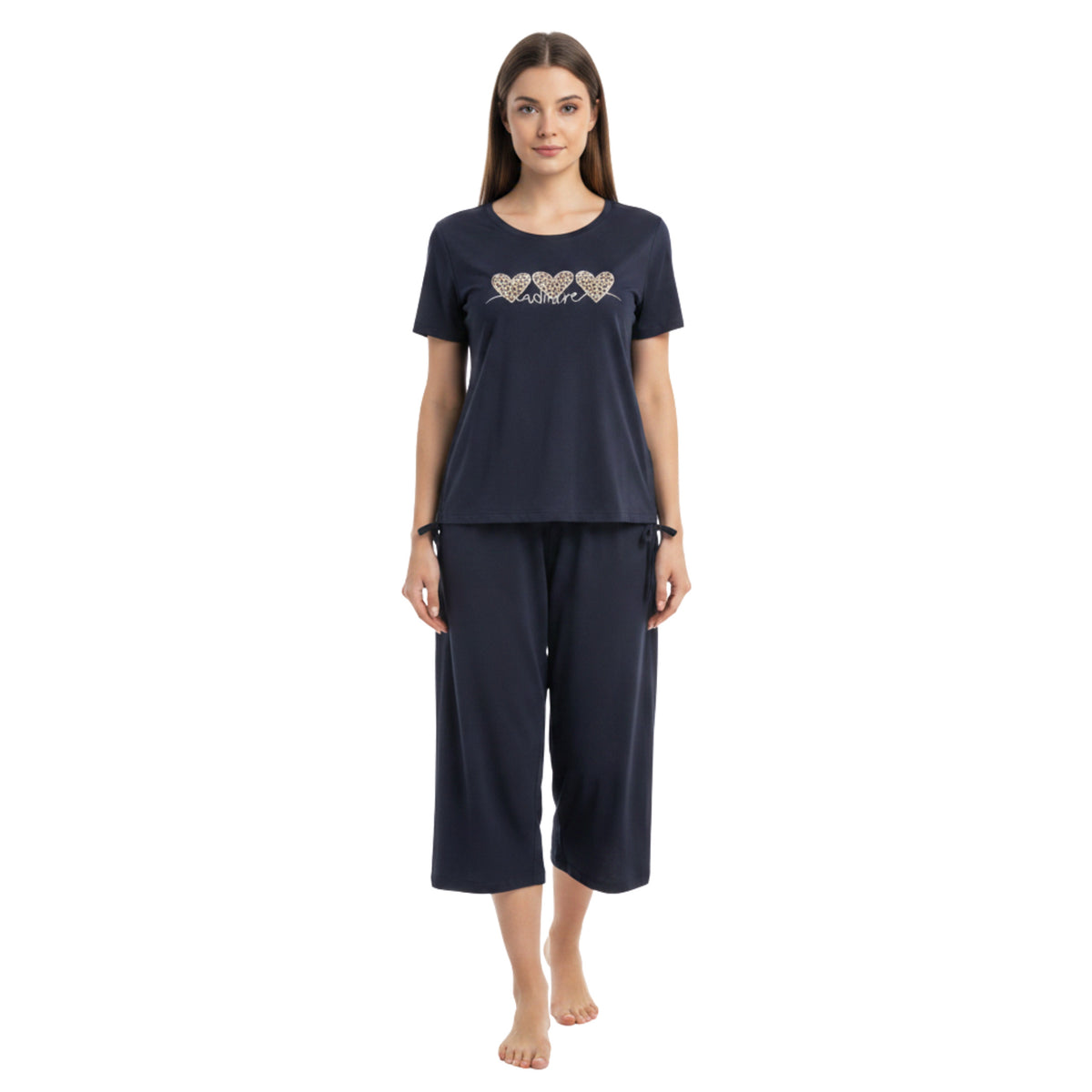 JOANNA 281917-1T 2-Piece Pajama Set Short Sleeve Heart Print Top and Capri Pants Soft Sleepwear