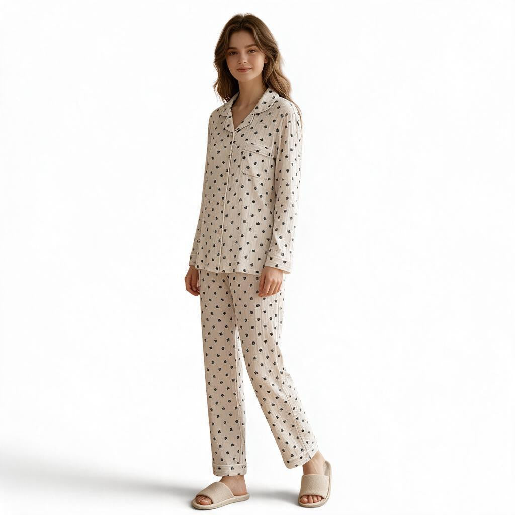 JOANNA FASHION women's beige long sleeve pajama set with black floral print, notched collar, and piping details.