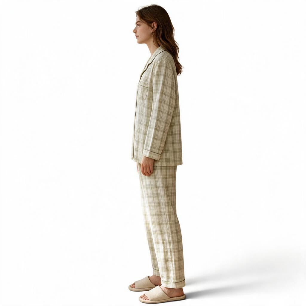 JOANNA FASHION model wearing a beige plaid button-down pajama set with long sleeves and matching relaxed trousers.