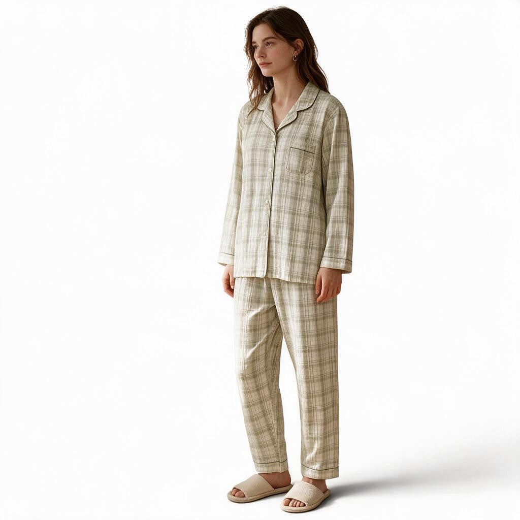 JOANNA FASHION beige plaid button-down pajama set with long sleeves, notched collar, and matching relaxed-fit trousers.