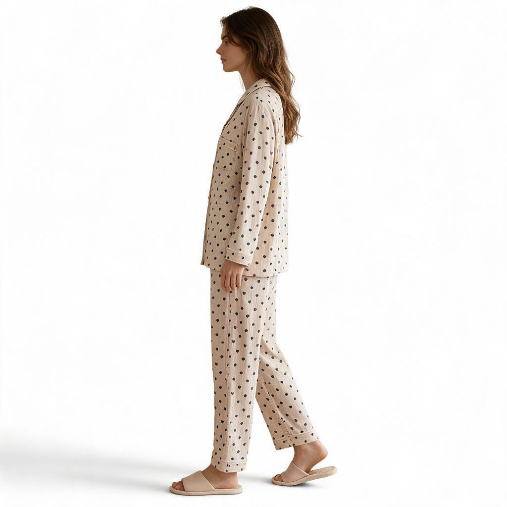 JOANNA FASHION women's long sleeve button down pajama set in beige with black polka dots and piped trim details.