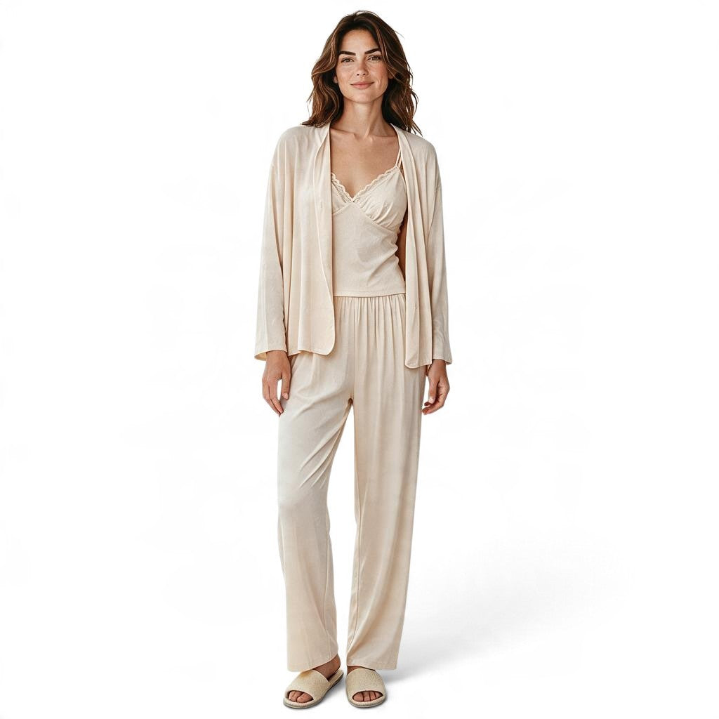 JOANNA FASHION three-piece beige ribbed loungewear set with lace-trimmed camisole, wide-leg pants, and cardigan.