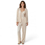 JOANNA FASHION three-piece beige ribbed loungewear set with lace-trimmed camisole, wide-leg pants, and cardigan.