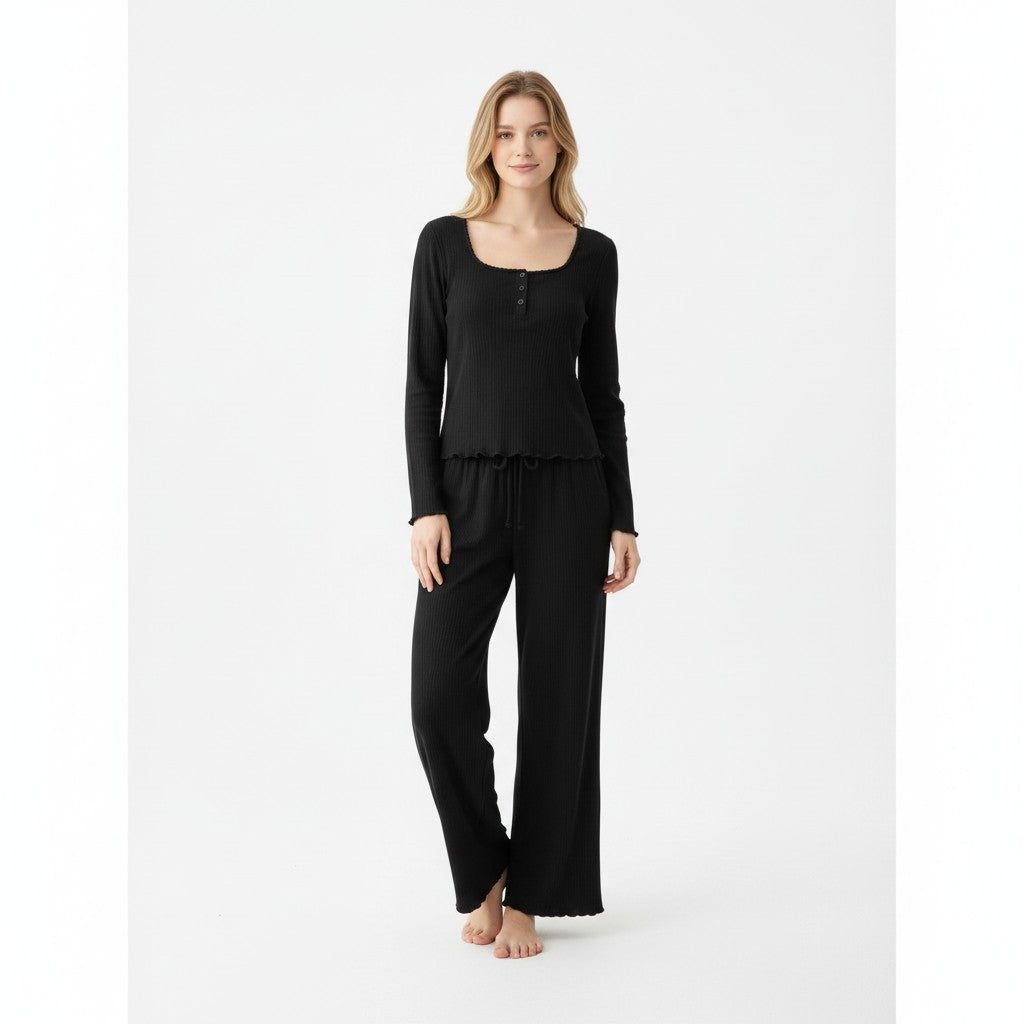 JOANNA FASHION black ribbed lounge set with long-sleeve button-front top and wide-leg pants on a female model