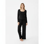 JOANNA FASHION black ribbed lounge set with long-sleeve button-front top and wide-leg pants on a female model