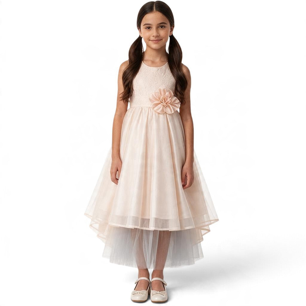 A girl wearing a JOANNA FASHION blush pink sleeveless formal dress with a lace bodice, floral waist, and tulle skirt.