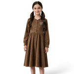 JOANNA FASHION brown corduroy long sleeve dress with floral appliqué on a young girl with pigtails