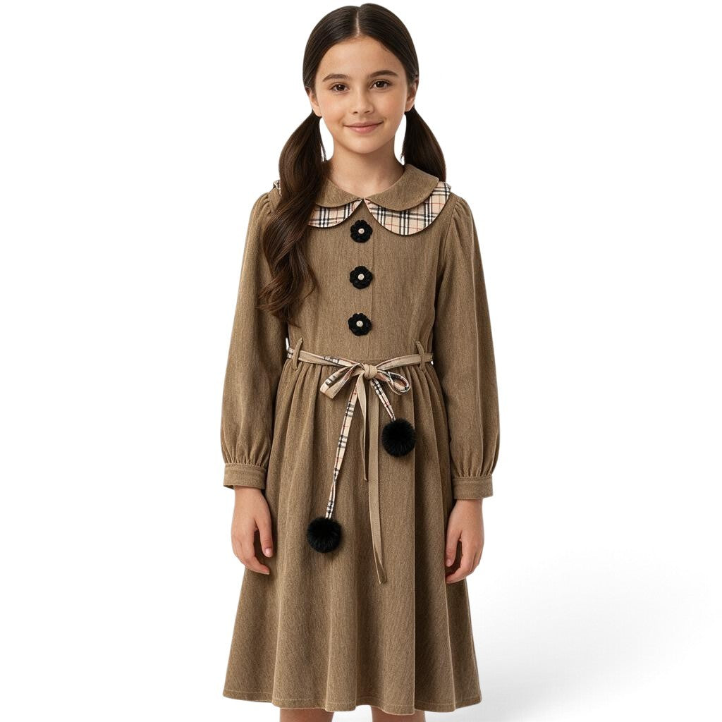 JOANNA FASHION long sleeve brown dress with plaid Peter Pan collar, floral buttons, and pom-pom tie-waist belt.