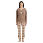 JOANNA FASHION women's brown long sleeve pajama set with V-neck, heart graphic top, and plaid trousers