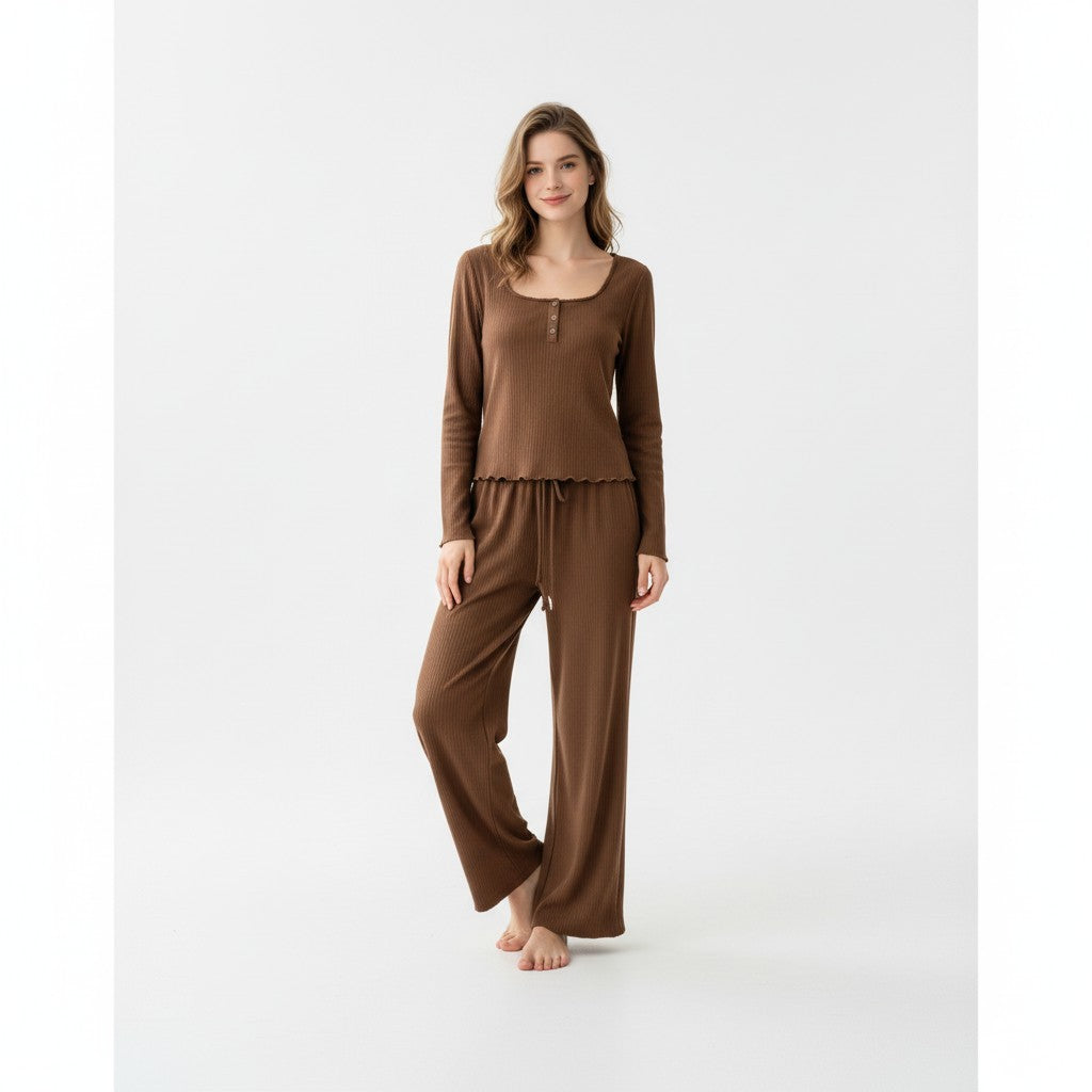 A woman wearing a JOANNA FASHION brown ribbed long-sleeve lounge set with button-front top and wide-leg trousers.