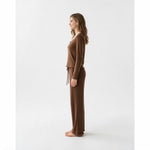 JOANNA FASHION brown ribbed lounge set with long sleeves, lettuce-edge trim, and wide-leg pants on a female model