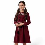 JOANNA FASHION burgundy long sleeve dress with plaid Peter Pan collar, floral buttons, and pom-pom tie-waist belt.