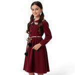 JOANNA FASHION burgundy long sleeve dress with plaid Peter Pan collar, floral buttons, and pom-pom tie-waist belt.