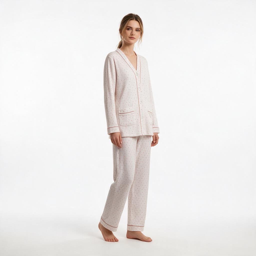 JOANNA FASHION long sleeve pajama set with button-down top, V-neck, and subtle print in soft cream and pink tones.