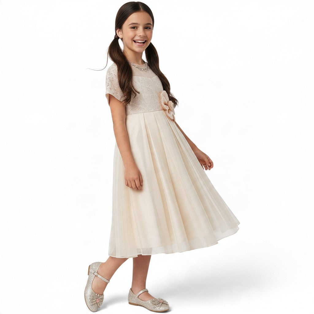 JOANNA FASHION champagne formal dress for girls with lace bodice, floral waist accent, and layered tulle skirt