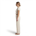 JOANNA FASHION soft cream cotton blend pajama set with short sleeve crop top and long pants featuring frilled edges