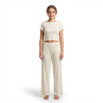 JOANNA FASHION soft cream cotton blend pajama set with short sleeve crop top and long pants featuring frilled edges