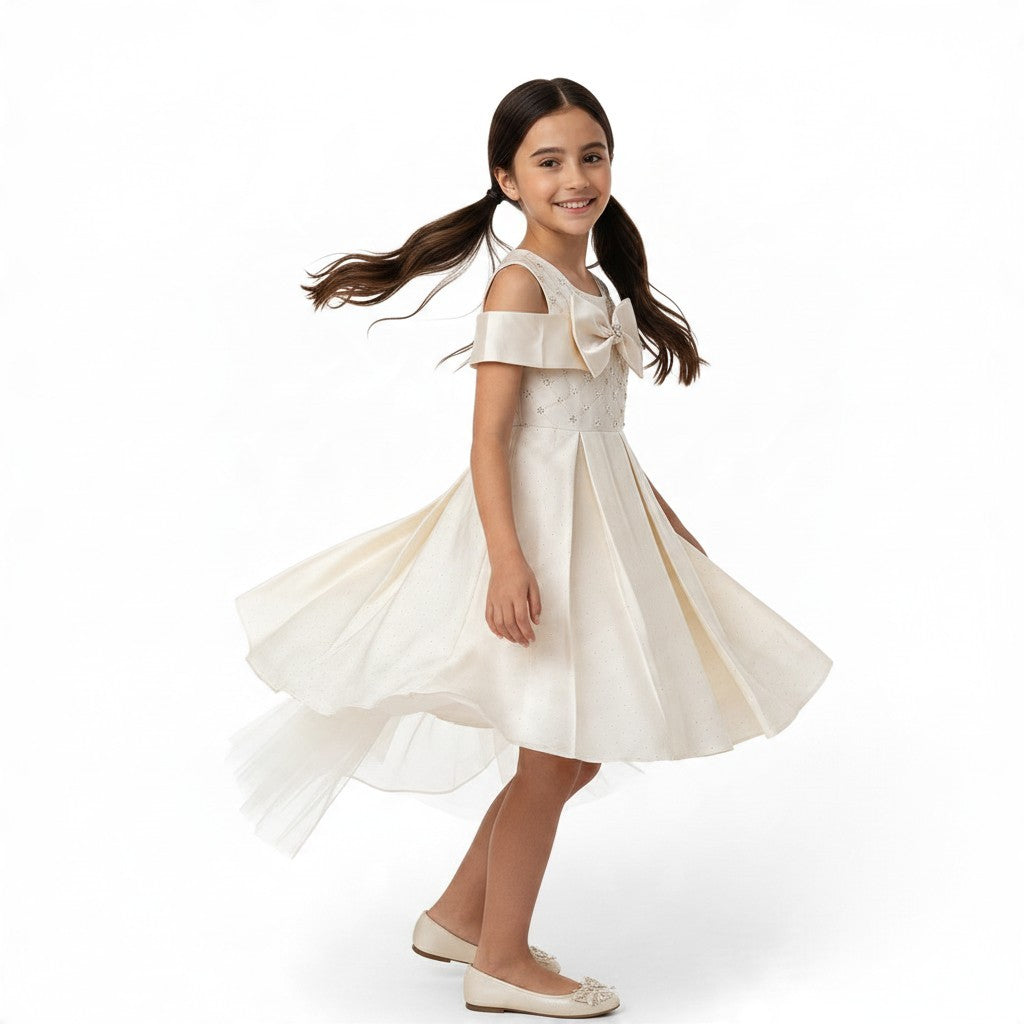 JOANNA FASHION cream formal dress with off-the-shoulder sleeves, bow detail, and high-low skirt worn by a young girl.