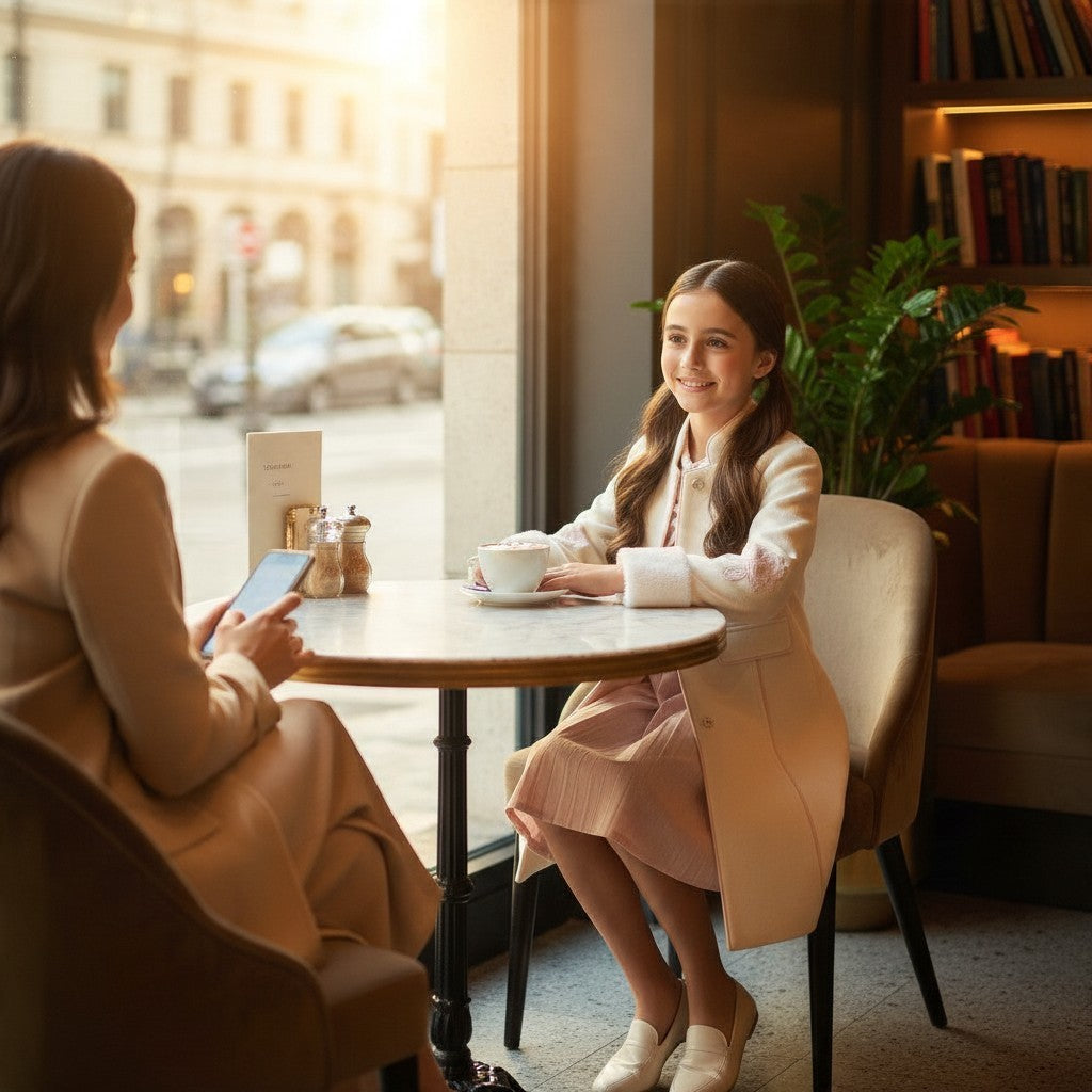 JOANNA FASHION cream long formal coat with faux-fur cuffs and floral embroidery worn by a girl in a cafe