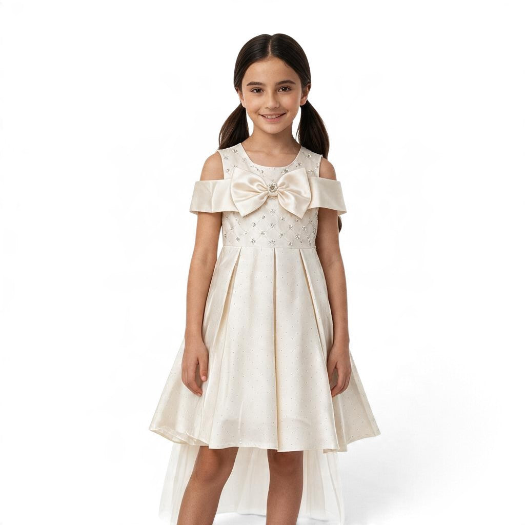 JOANNA FASHION cream formal dress for girls with off-the-shoulder sleeves, sparkling bodice, and large center bow.