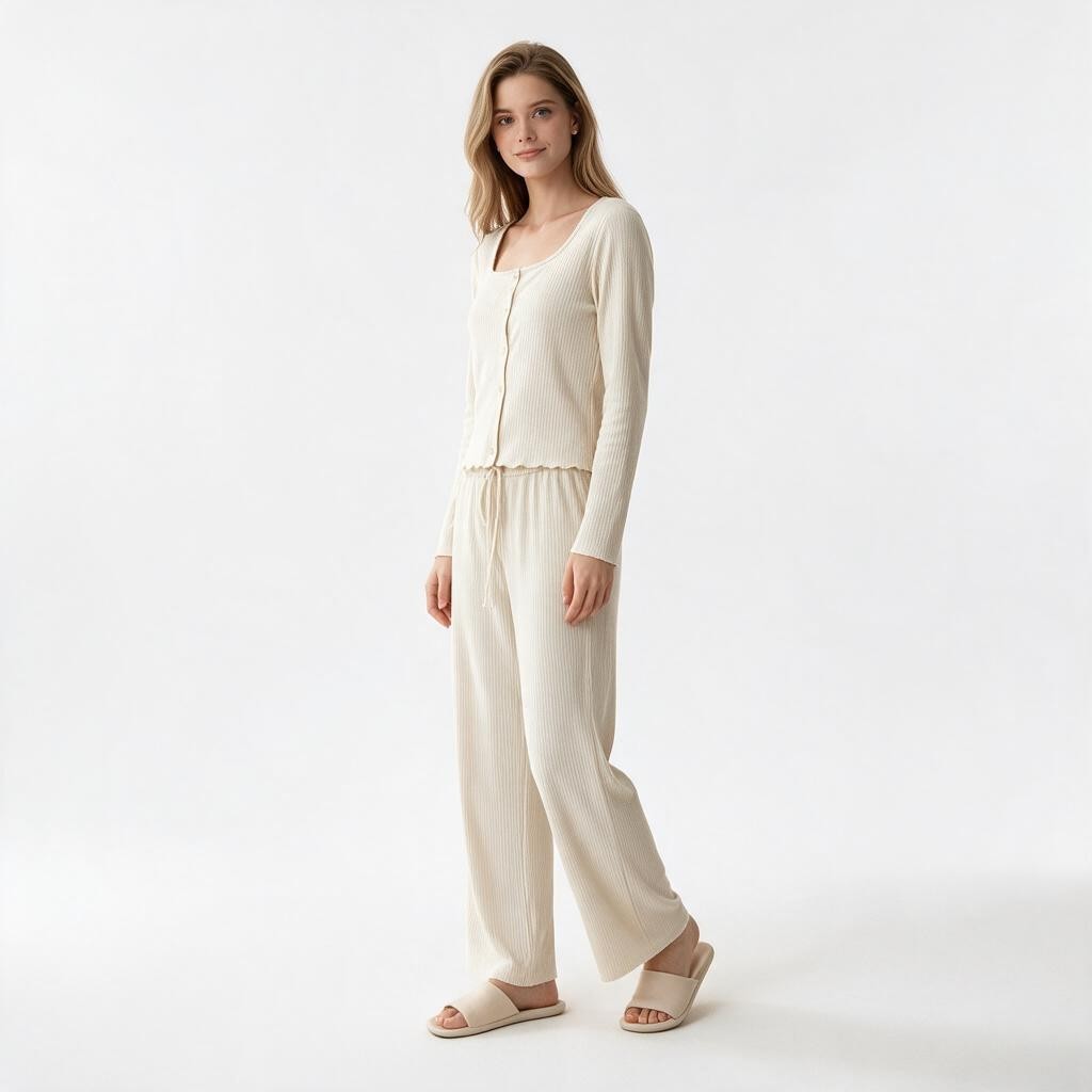 A model wearing a JOANNA FASHION cream ribbed lounge set with a scoop neck top and wide-leg trousers on a white background