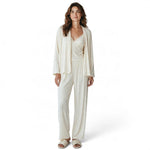 JOANNA FASHION cream ribbed three-piece lounge set with lace-trimmed camisole, wide-leg pants, and open-front cardigan