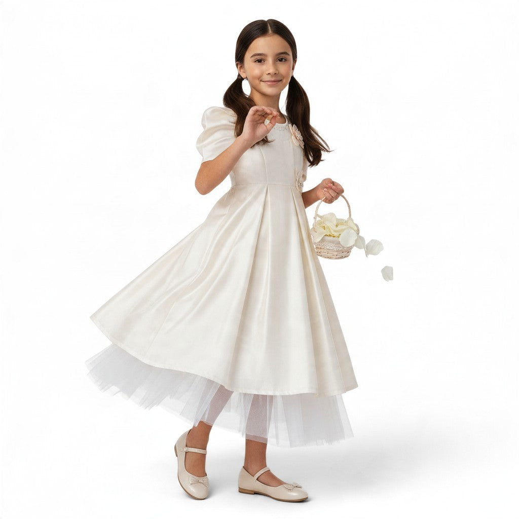 JOANNA FASHION girl's cream satin formal dress with puff sleeves, pearl accents, and a layered tulle skirt.