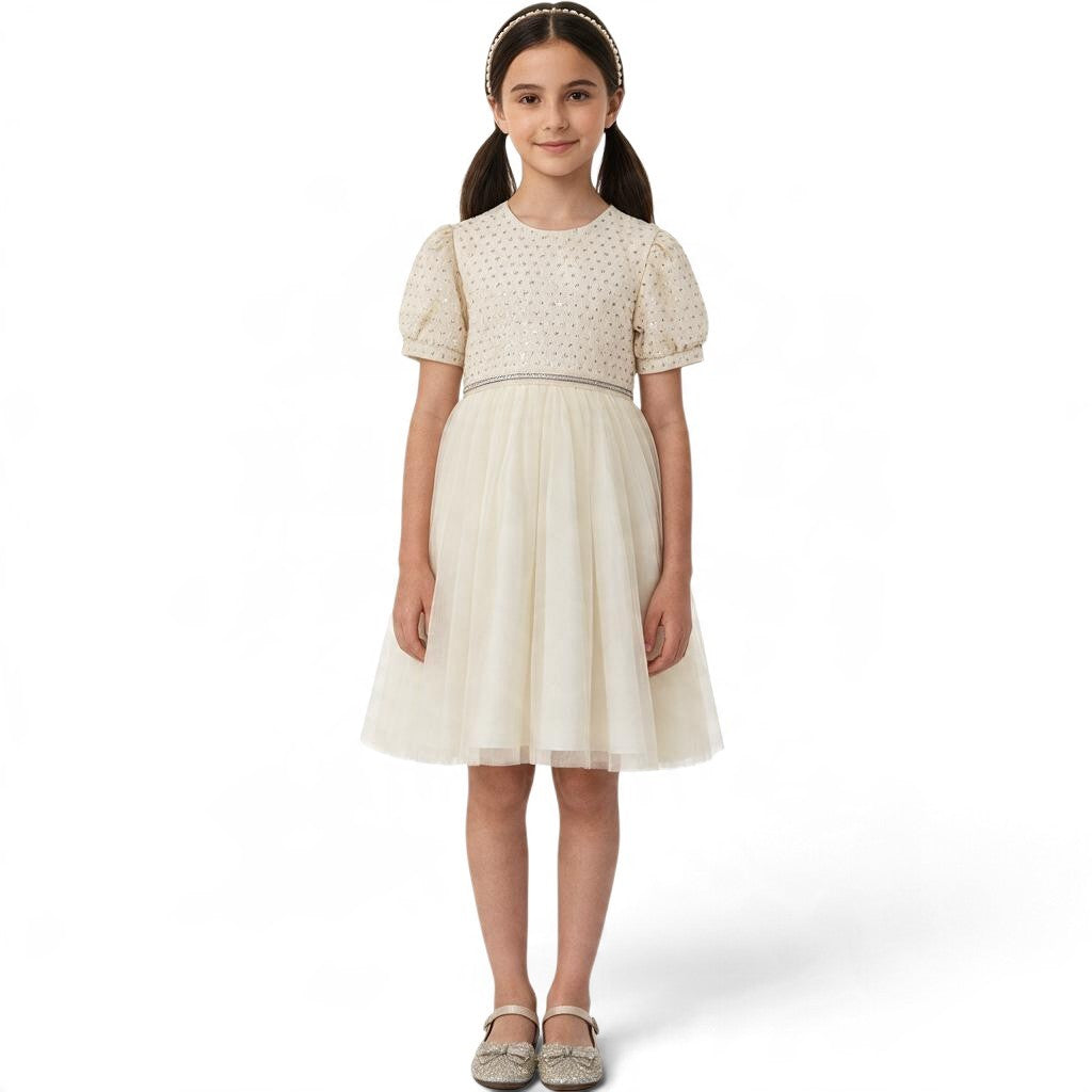 JOANNA FASHION cream party dress with puff sleeves, embellished bodice, and voluminous tulle skirt on a young girl.