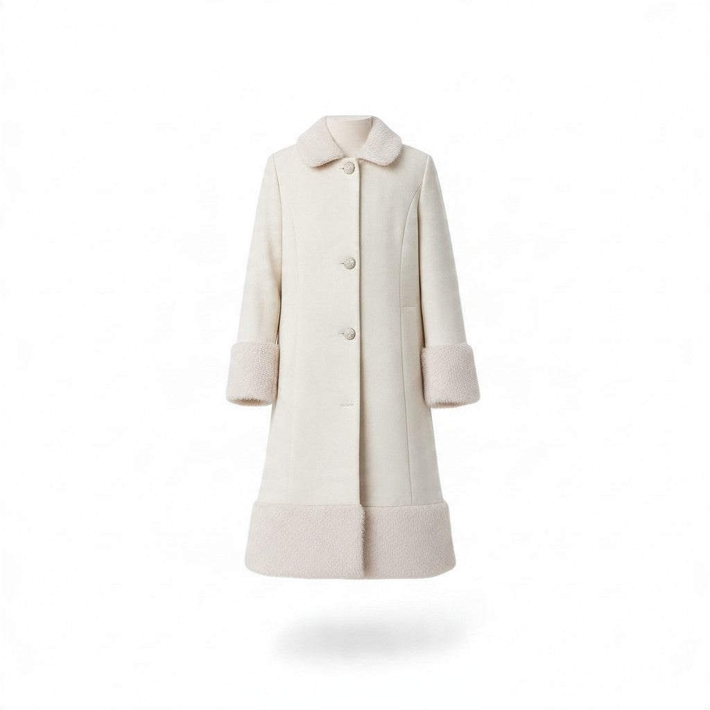JOANNA FASHION cream wool-blend girls' formal coat with faux-fur collar, cuffs, and hem, featuring button closure.