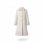 JOANNA FASHION cream wool-blend girls' formal coat with faux-fur collar, cuffs, and hem, featuring button closure.