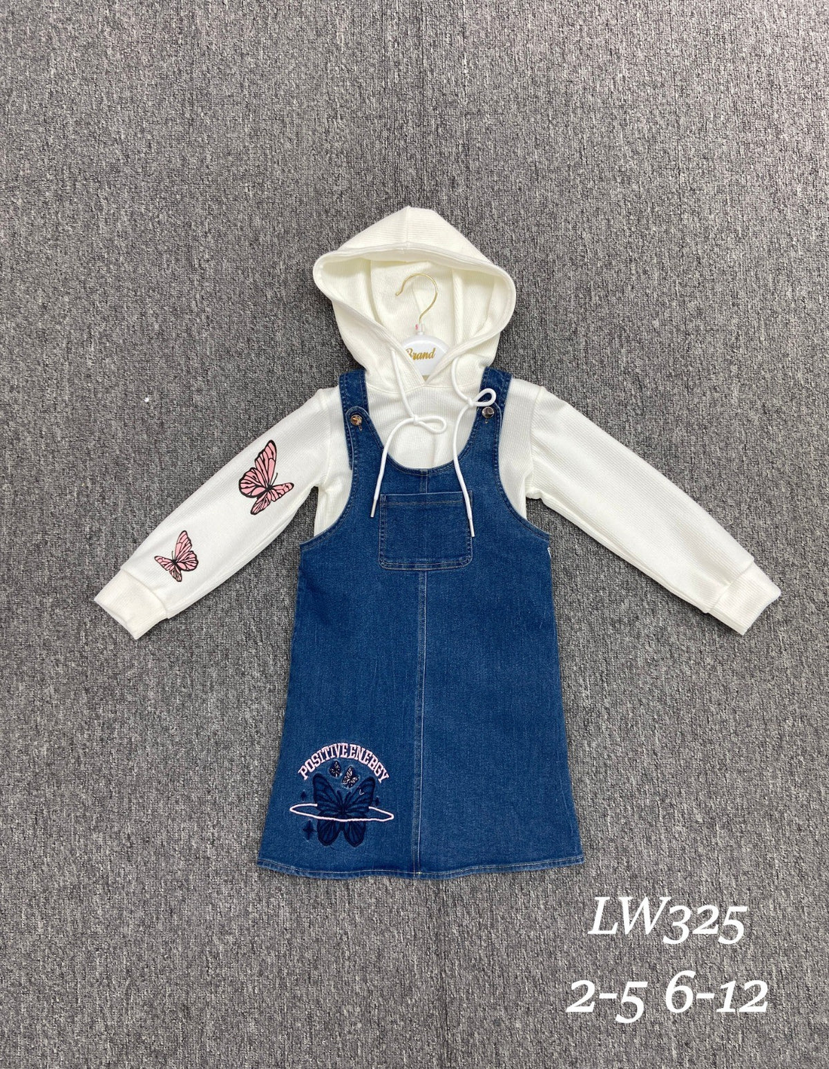 JOANNA FASHION girls blue denim pinafore dress with a white long-sleeve hoodie featuring pink butterfly graphics.